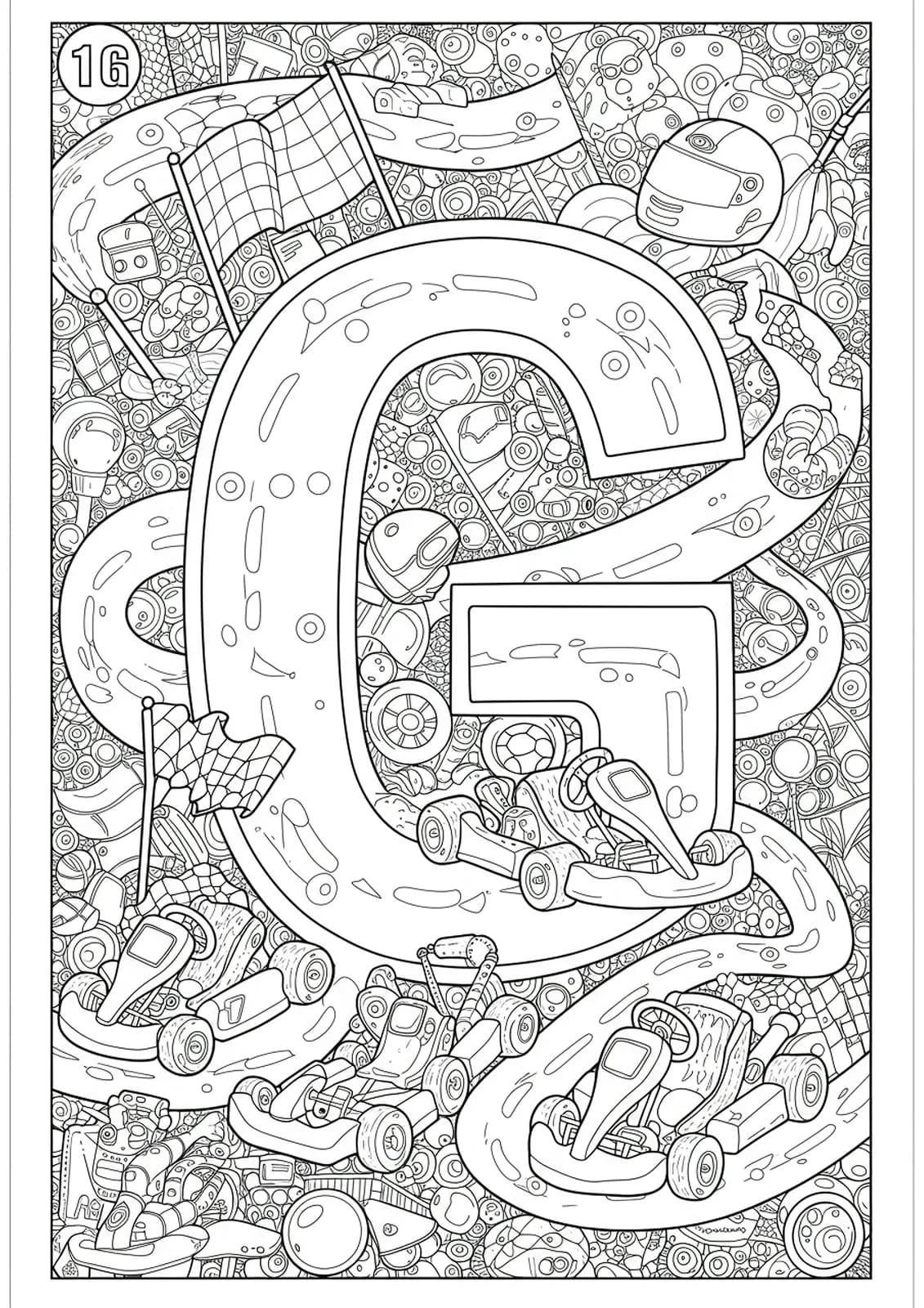 Go-kart racing-themed letter G coloring page with detailed go-karts and racing flags