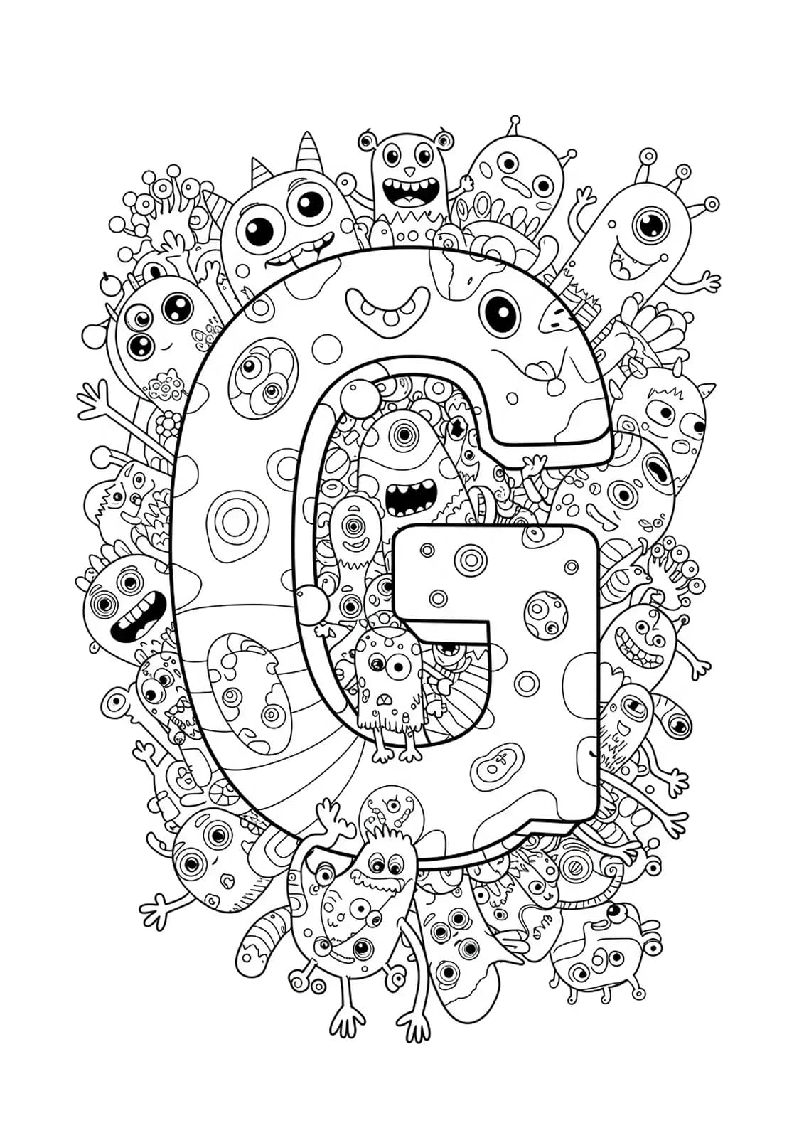 Goofy monster-themed letter G coloring page with detailed silly monster characters