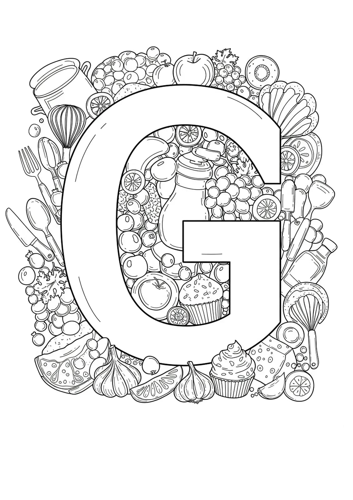 Intricate food-themed scene with grapes, cupcakes, garlic, and letter G, hard coloring page for kids.
