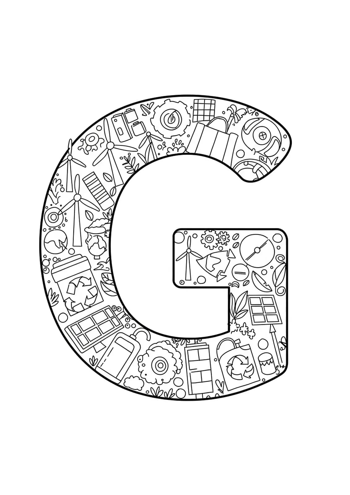 Easy green energy-themed letter G coloring page with wind turbines and solar panels.