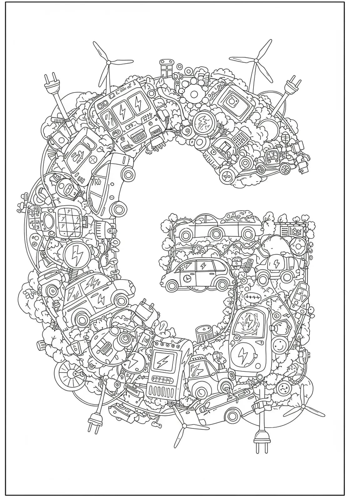 Detailed scene with eco-friendly vehicles, wind turbines, and letter G, hard coloring page for kids.