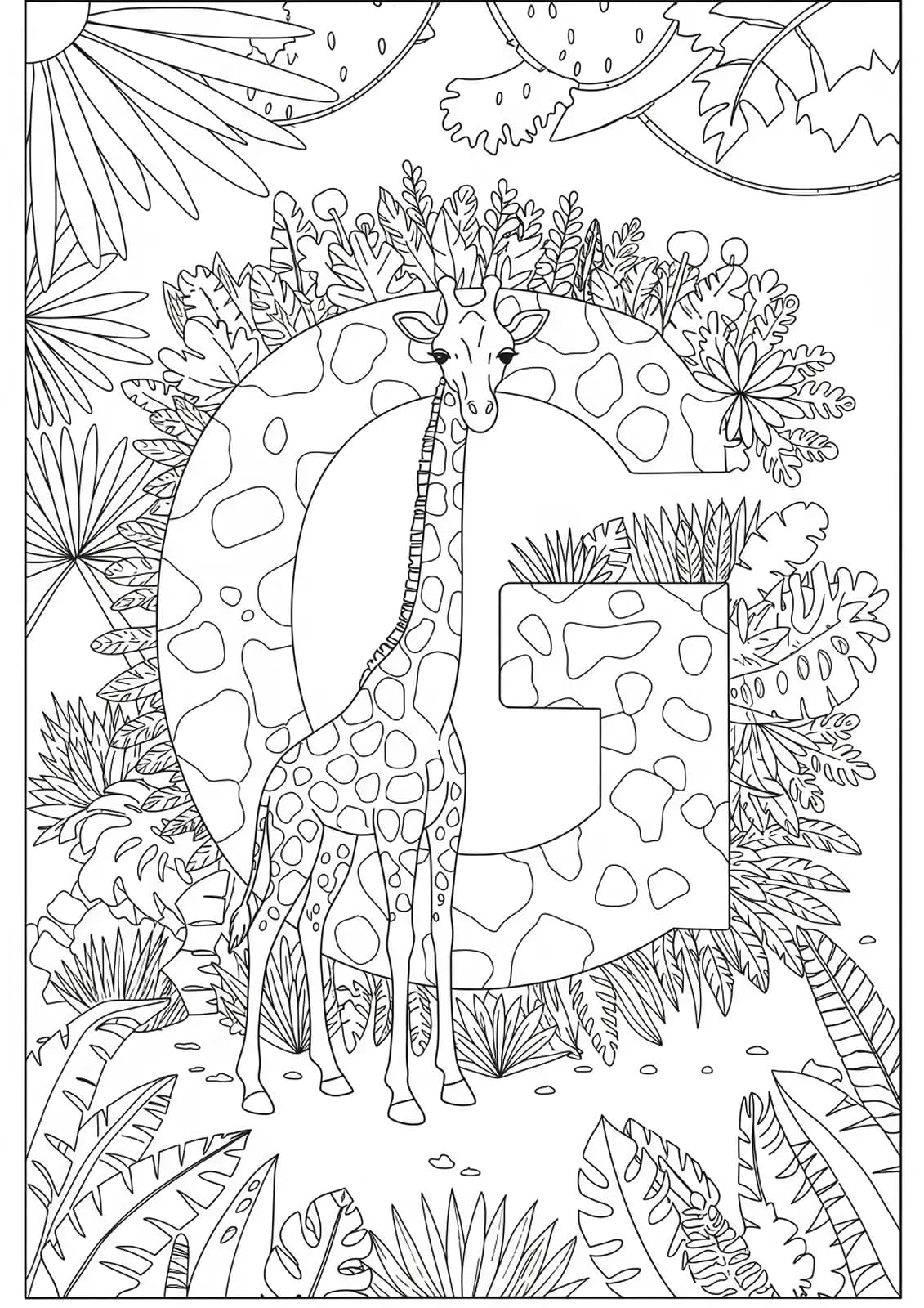 Jungle-themed letter G coloring page with detailed giraffes and rainforest plants