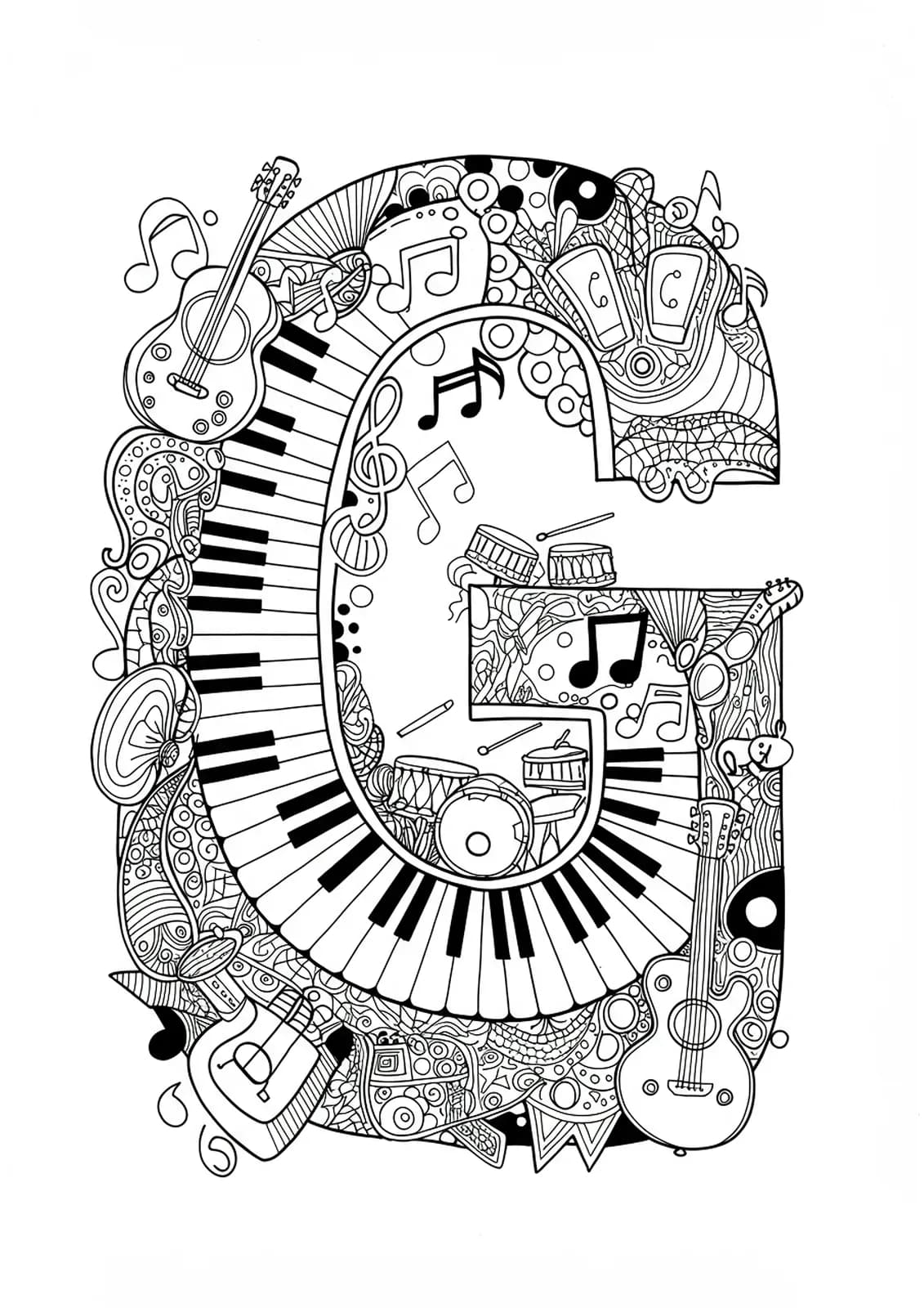 Intricate musical scene with notes, instruments, and patterned letter G, hard coloring page for kids.