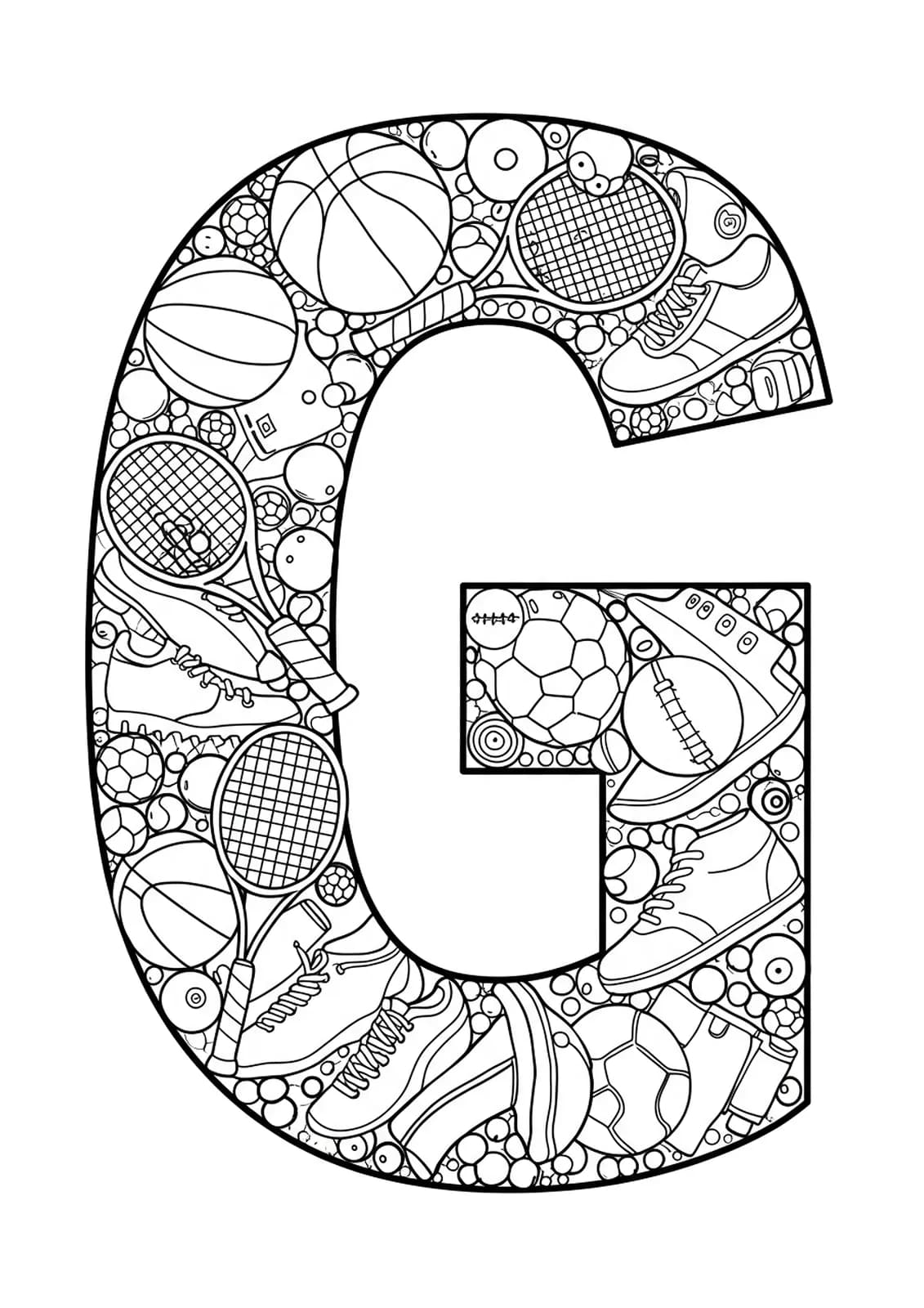 Sports-themed letter G coloring page with detailed balls, shoes, and equipment
