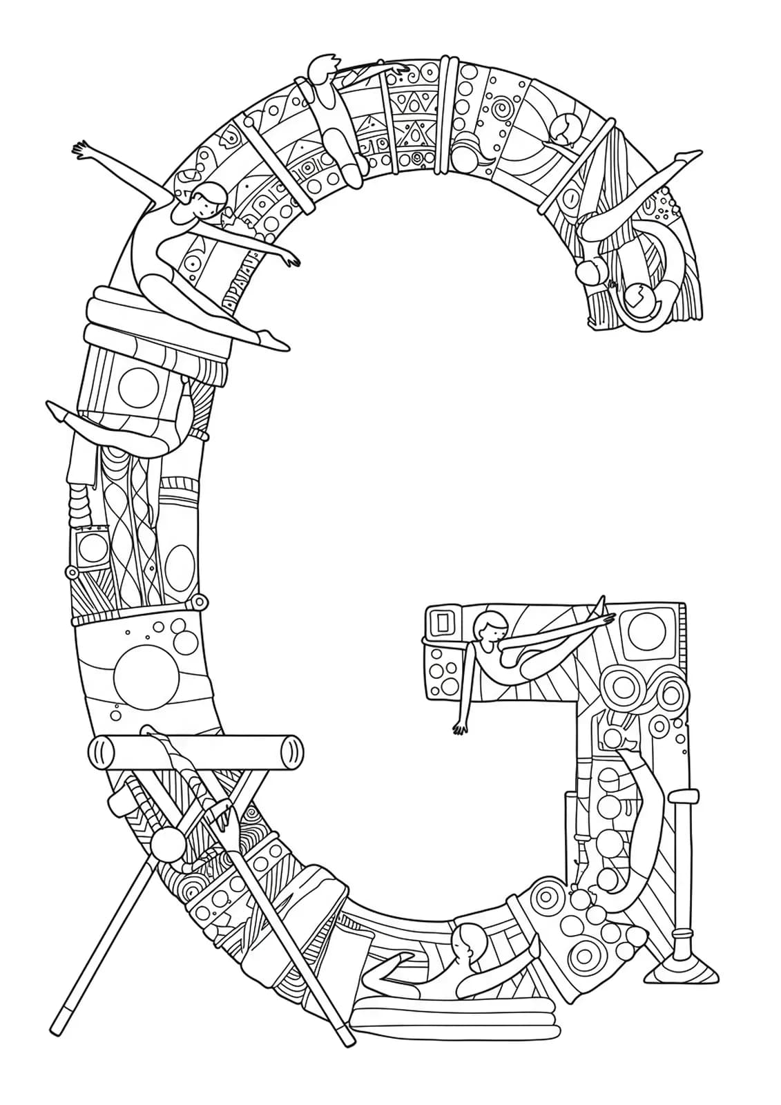 Dynamic gymnastics scene with detailed figures and apparatuses forming letter G, hard coloring page.