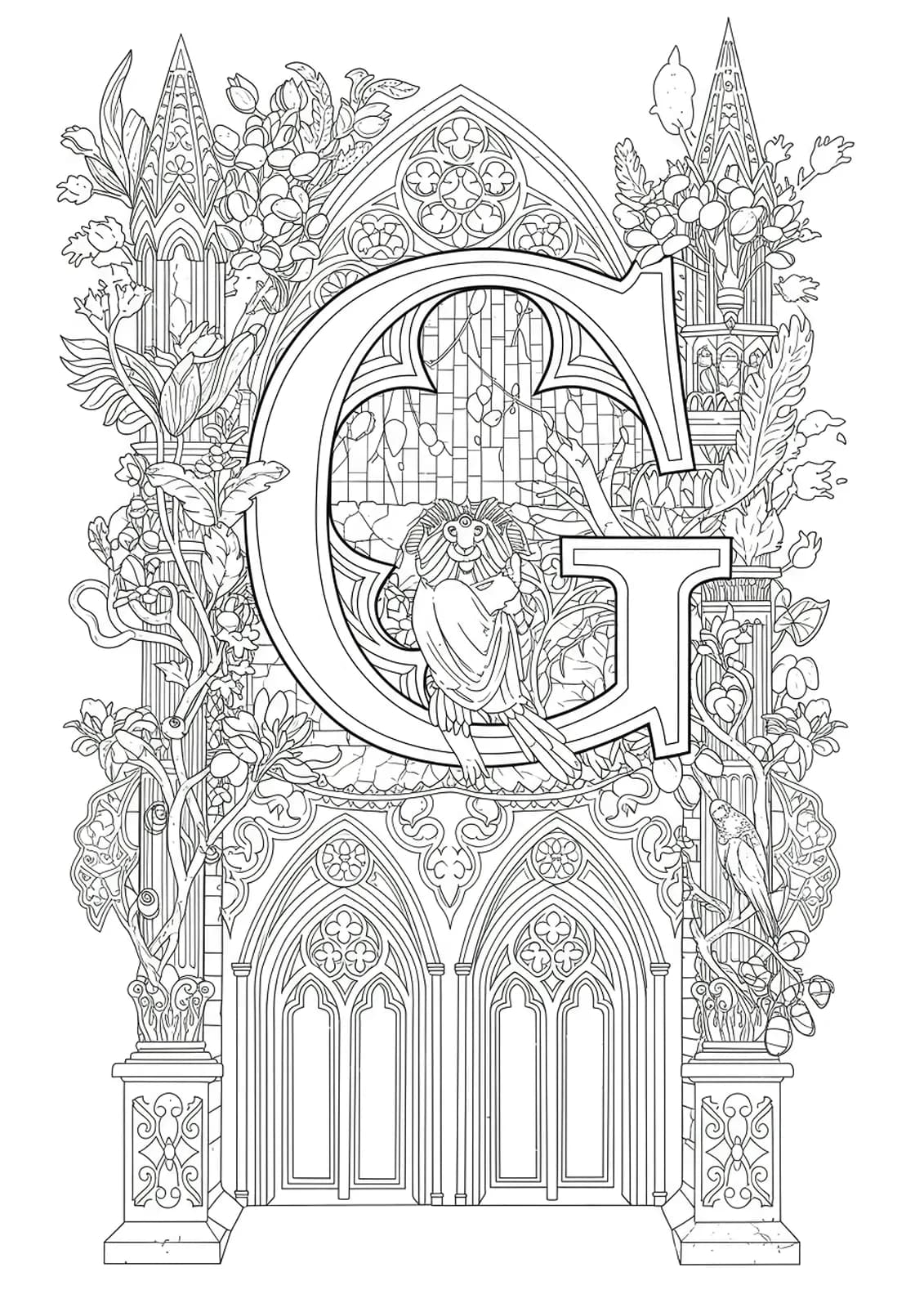 Letter G adorned with gothic arches, stained glass, and intricate architectural stonework.