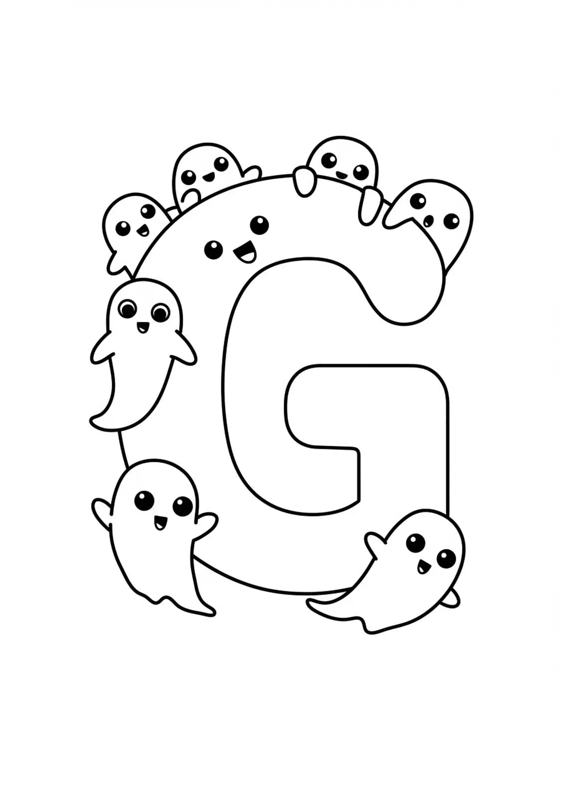 Easy Halloween coloring page with a large letter G and smiling ghosts.