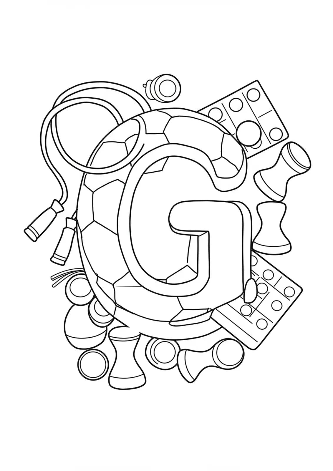 Letter G coloring page with sports gear and board games.