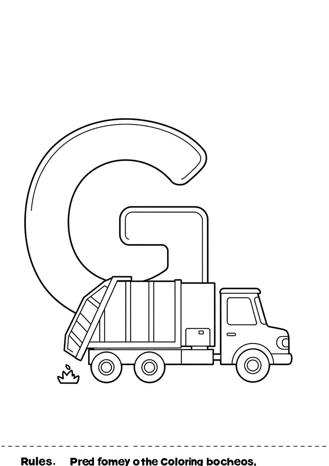 Large letter G with a basic garbage truck outlined next to it, easy for preschoolers.