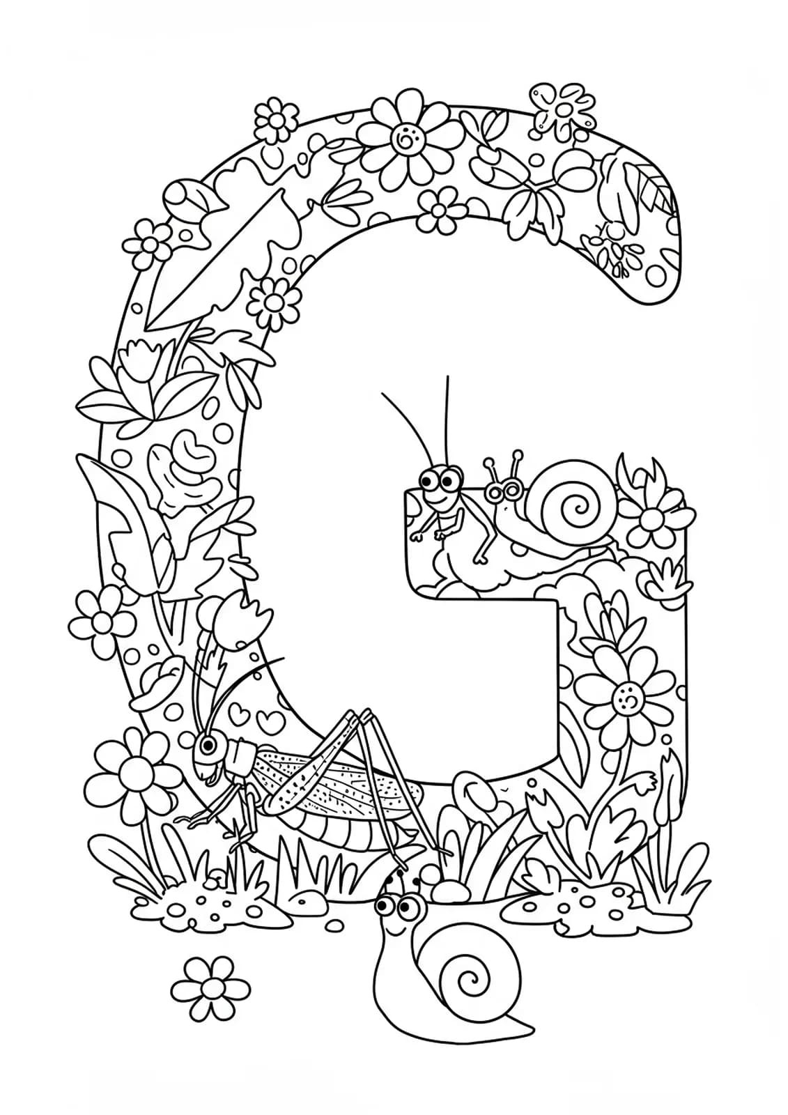 Outline drawing of the letter G surrounded by a garden scene with flowers, grasshoppers, snails, and plants.