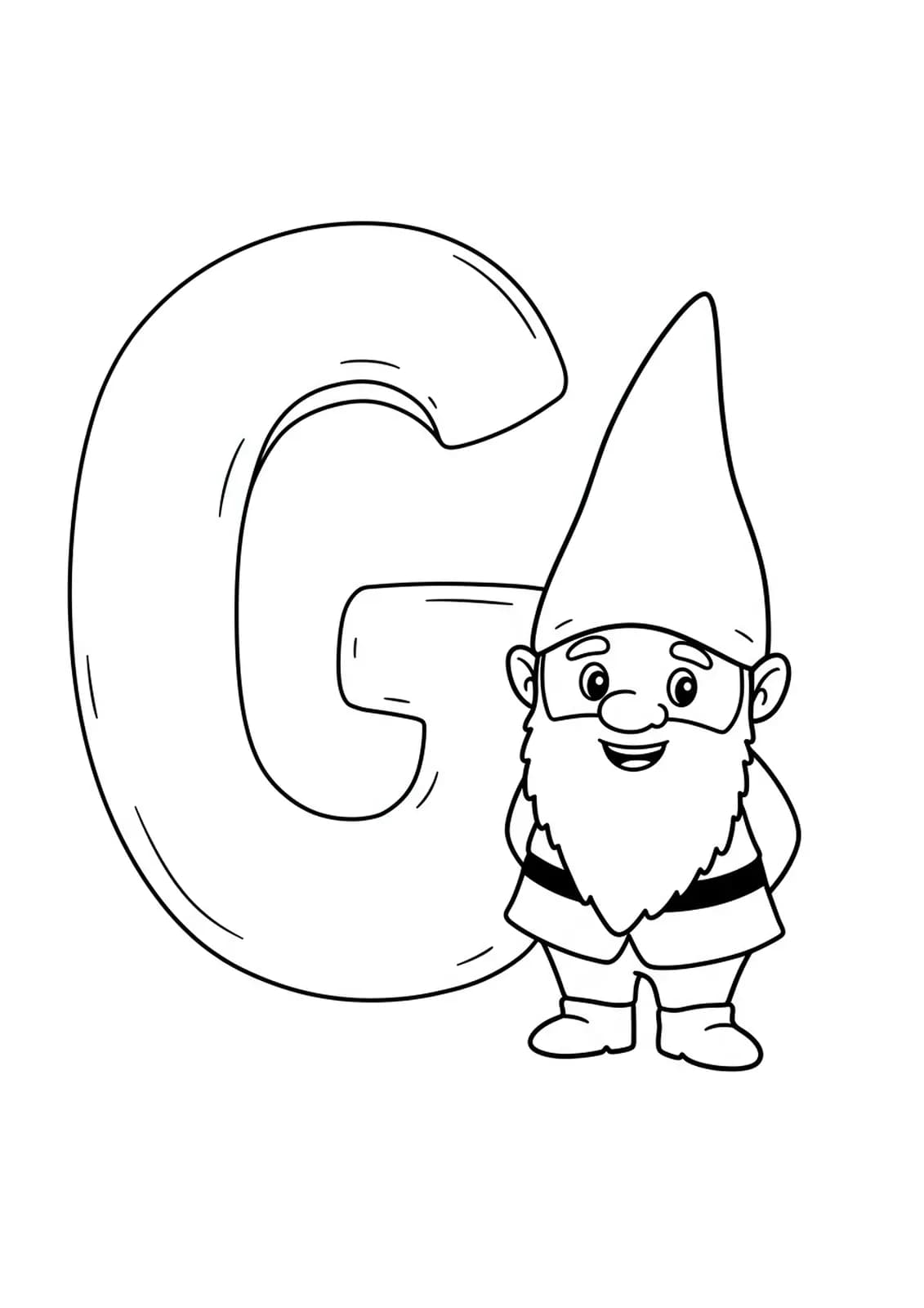 Large letter G with a simple, smiling garden gnome standing near it, easy for preschool coloring.