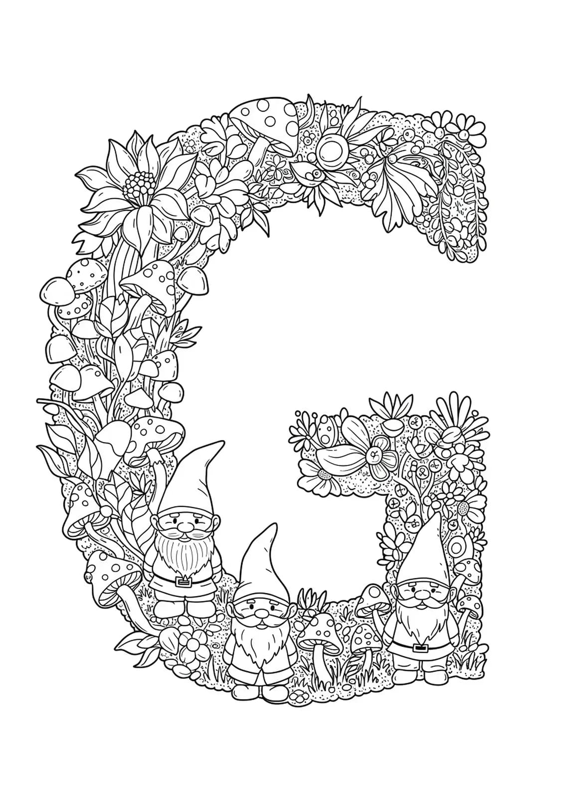 Letter G decorated with cute garden gnomes, mushrooms, and whimsical plants.