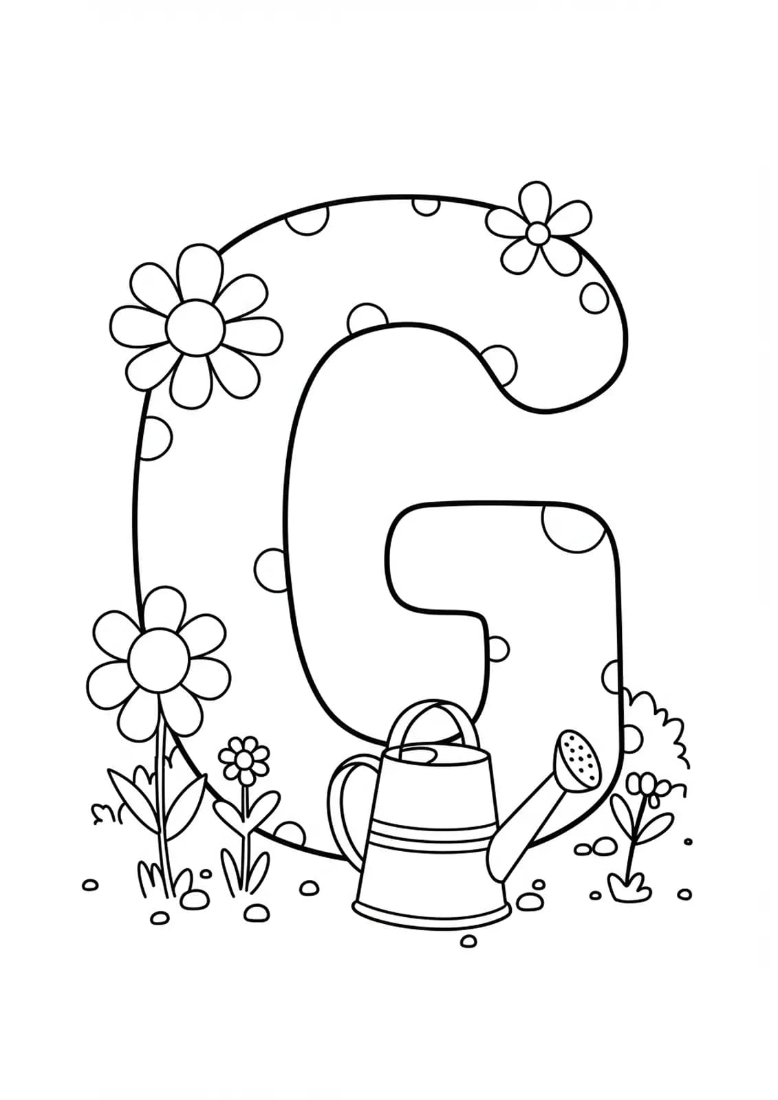 Outlined letter G with simple garden elements like flowers and a watering can, easy for preschoolers.