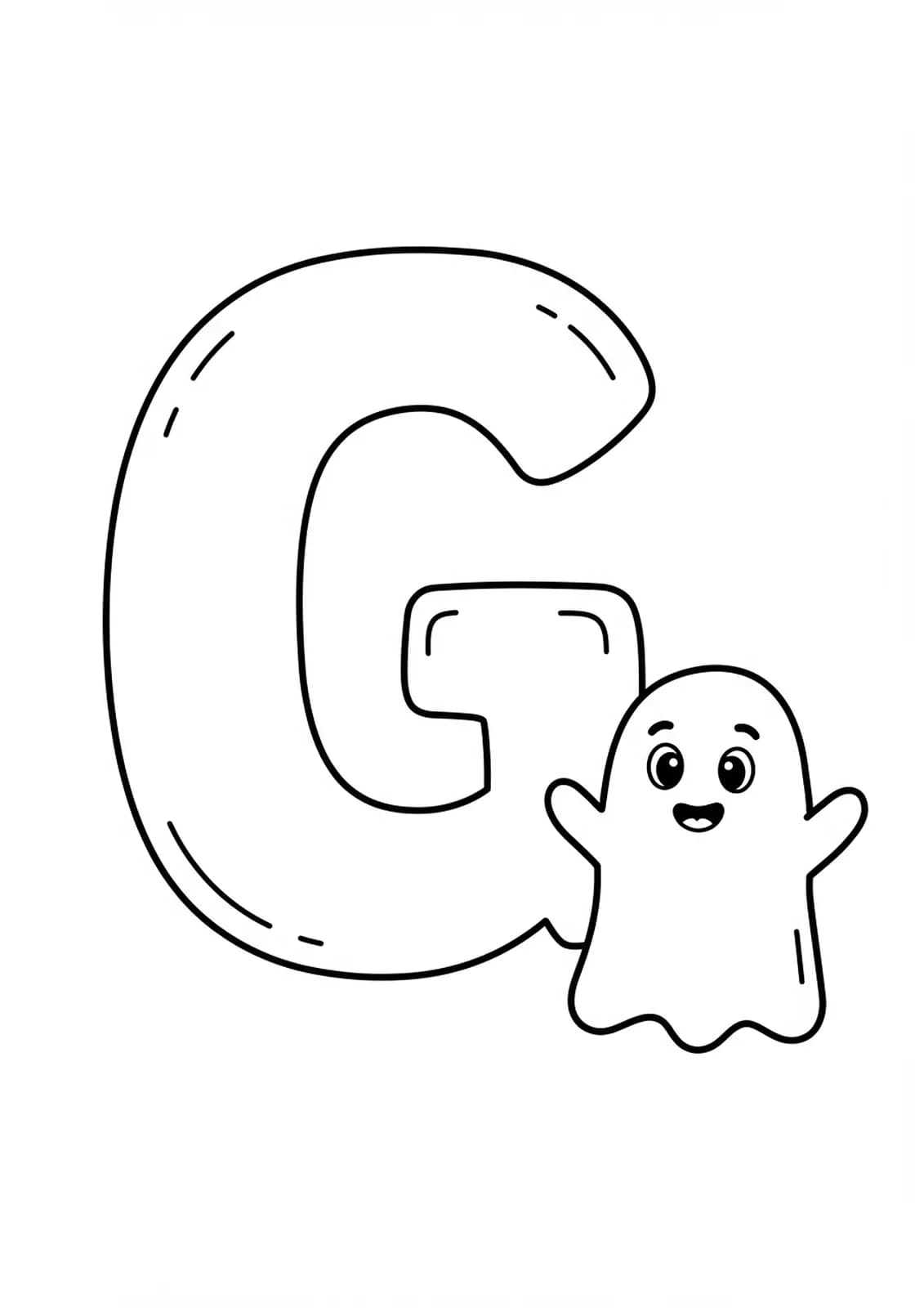 Large letter G with a smiling, simple ghost beside it, very easy outlines for preschool coloring.