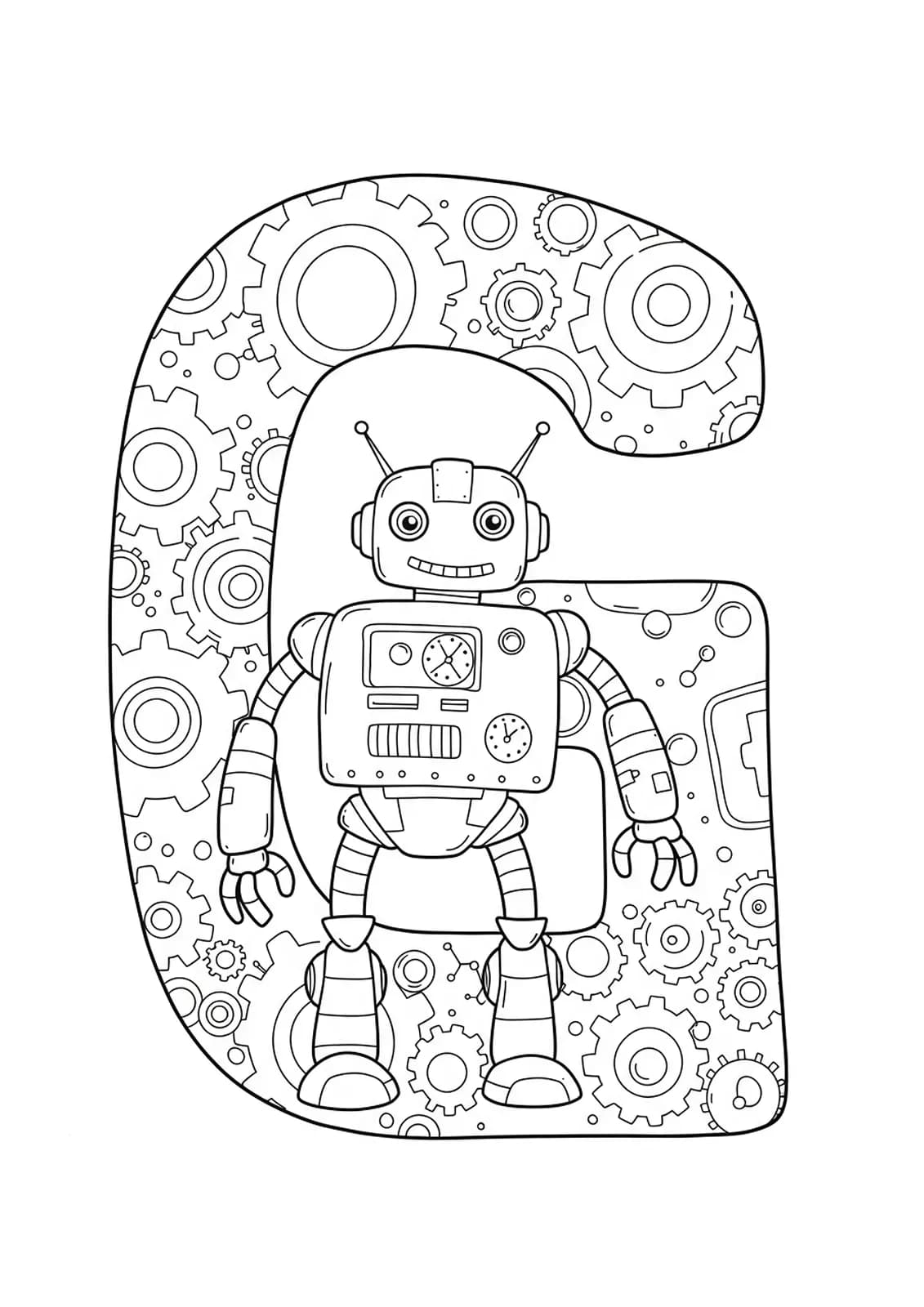 Outline drawing of the letter G beside a giant robot with gears and control panels.