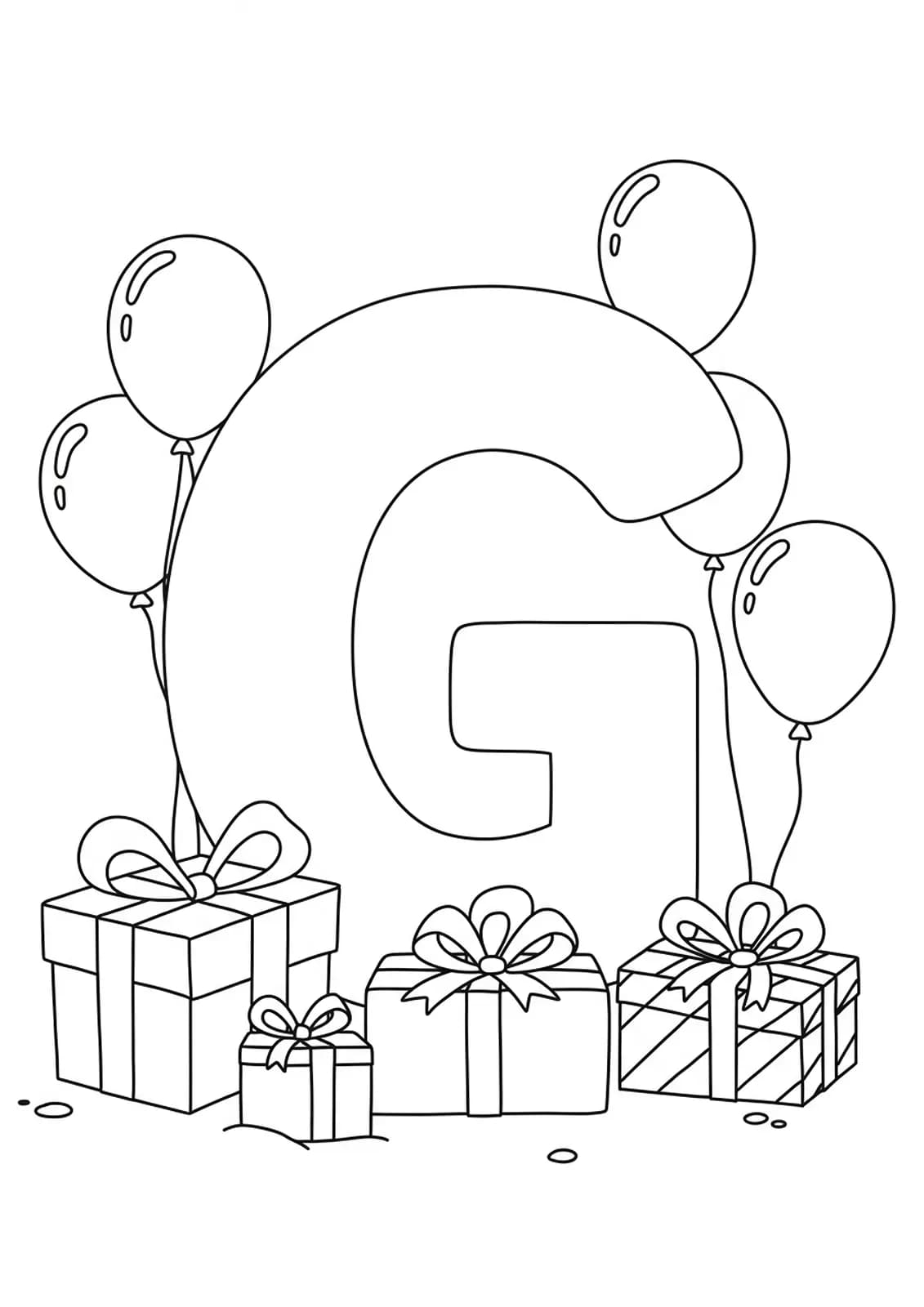 Big letter G with gift boxes and balloons around it, for easy coloring.