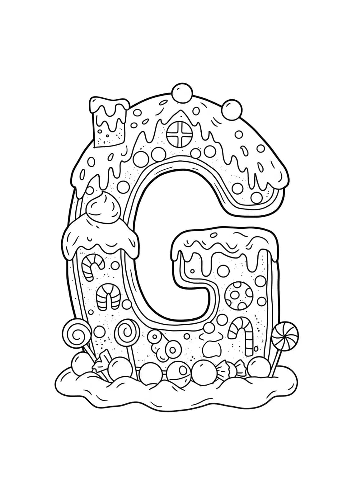 Outline drawing of the letter G transformed into a gingerbread house with candy decorations and icing.