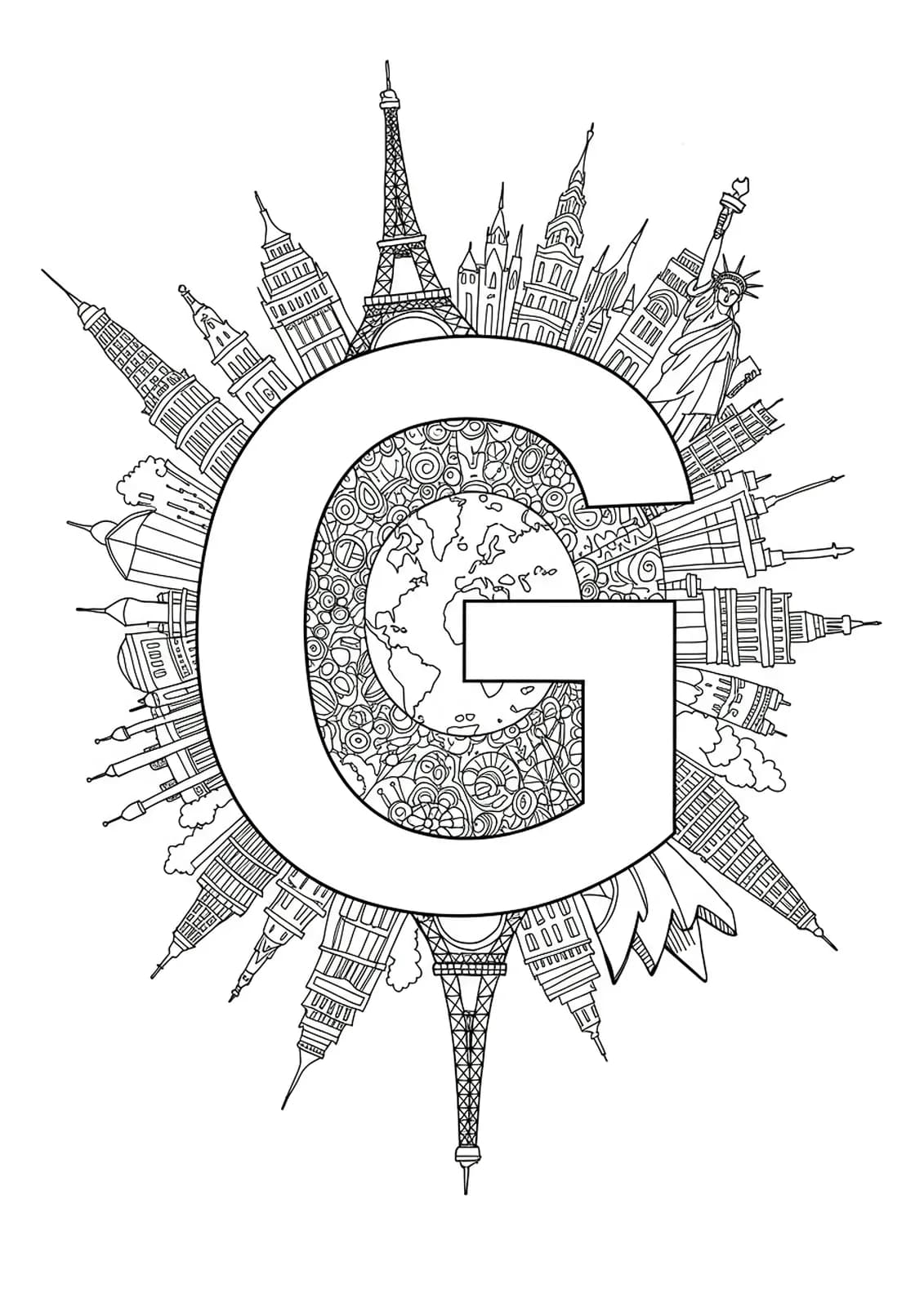 Letter G intertwined with detailed illustrations of international landmarks and travel icons.