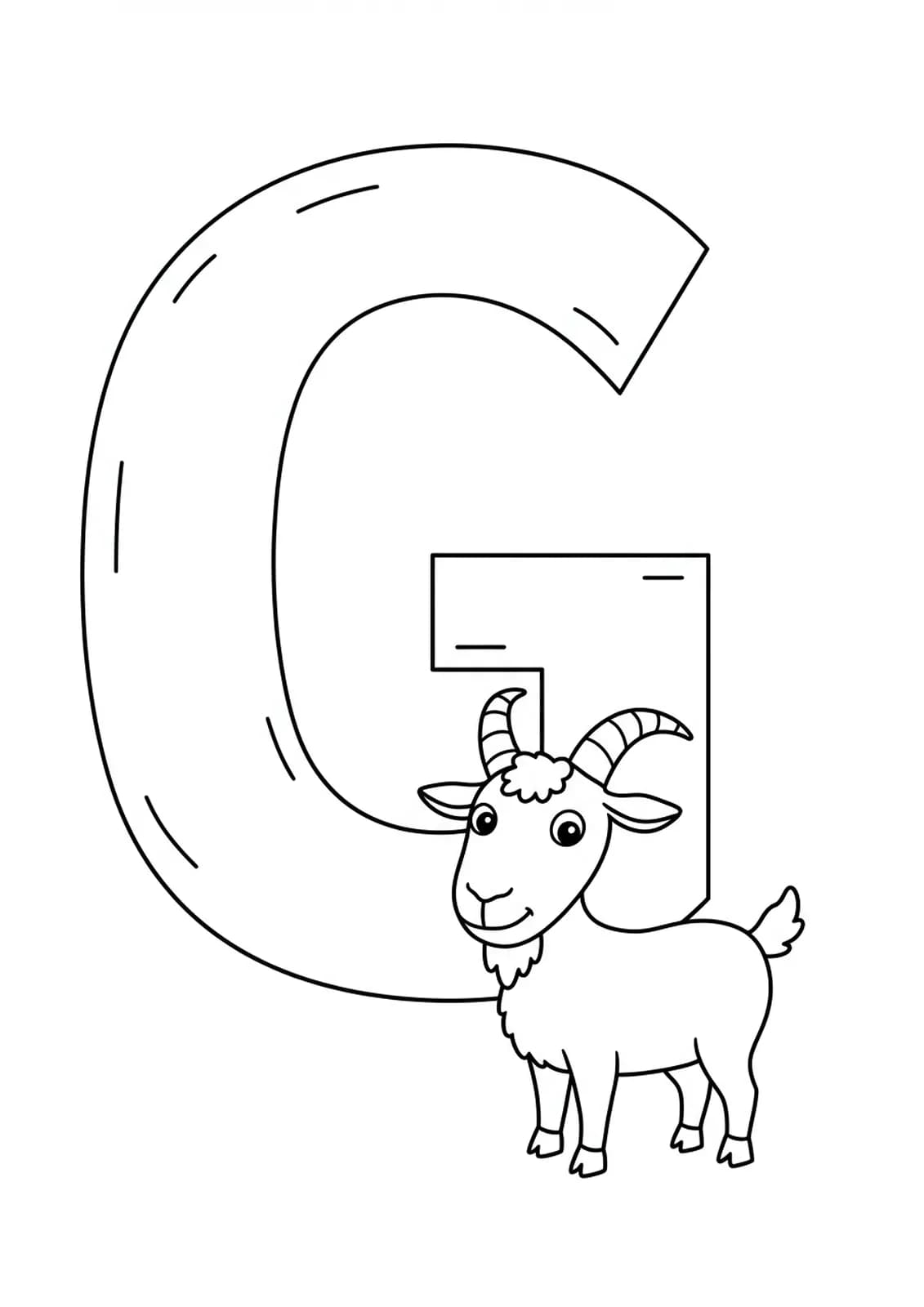 Outlined letter G with a cartoon goat standing next to it, simple and easy to color.