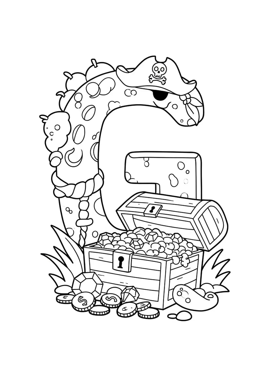 Outline drawing of the letter G with a pirate treasure chest, gold coins, jewels, and a small pirate hat.