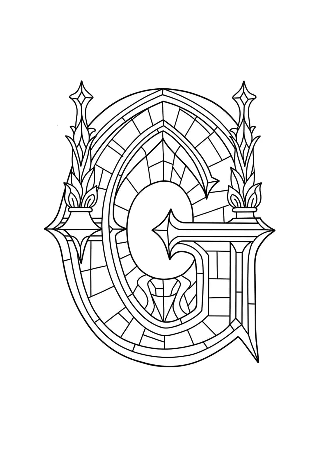 Letter G surrounded by gothic architectural and stained-glass patterns, crafted for adult medium difficulty coloring.