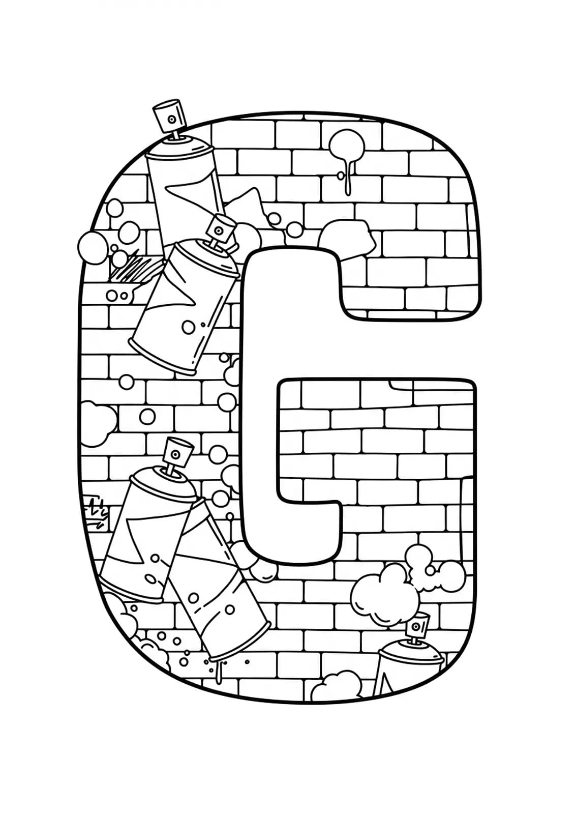 Letter G in graffiti style surrounded by spray paint cans, brick wall, and stylized urban art elements.