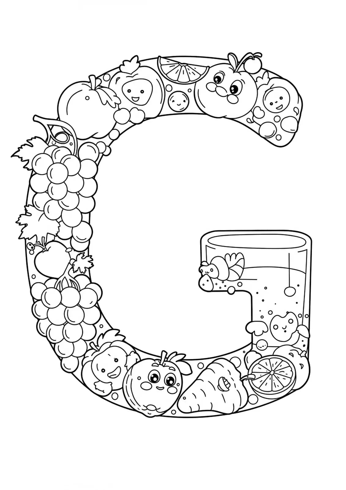 Letter G coloring page with grapes, juice, and other food items.