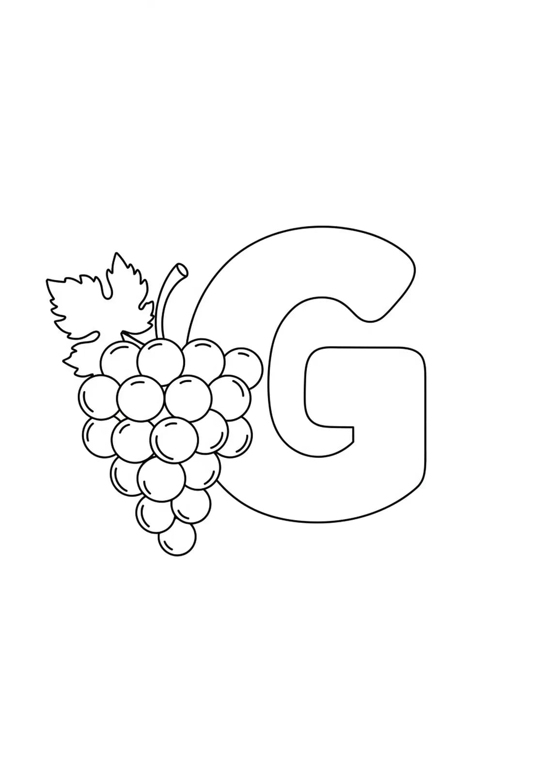 Large letter G with a bunch of simple outlined grapes, easy coloring for young kids.
