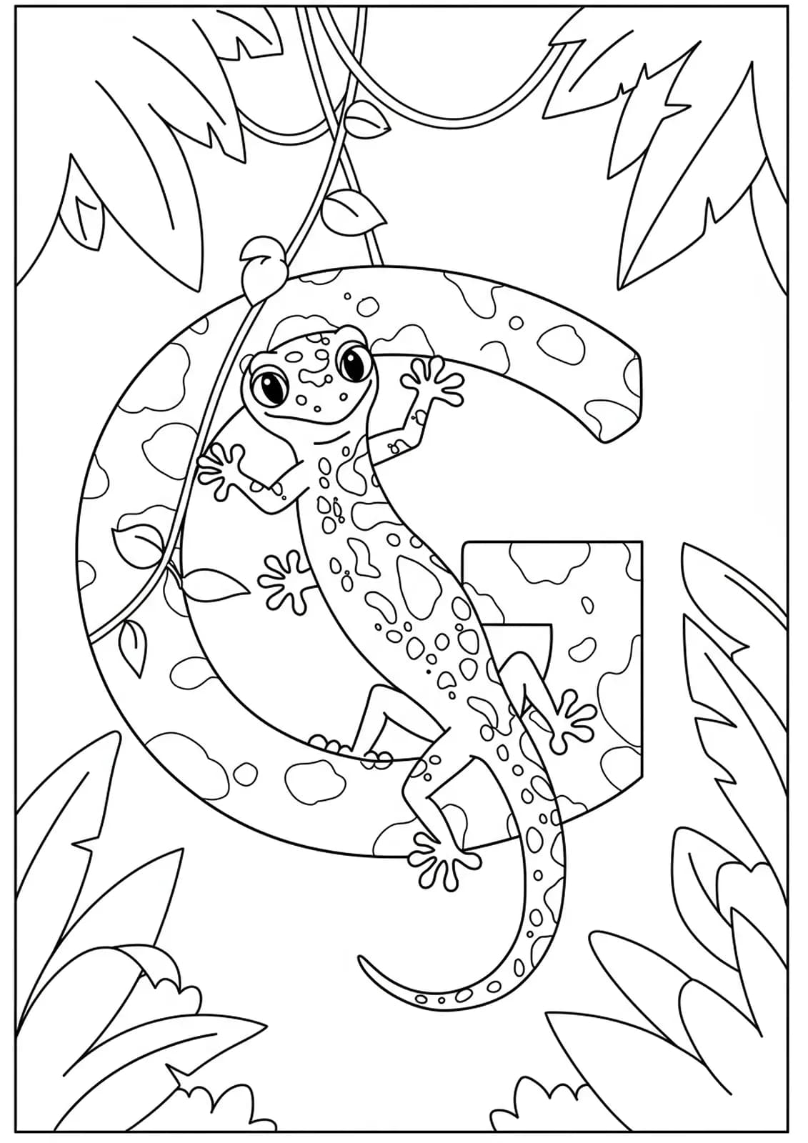 Letter G coloring page with a green gecko on a vine in the jungle.