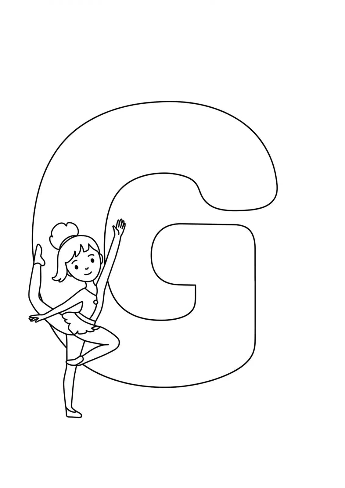 Letter G with a cartoon gymnast doing a simple pose beside it.
