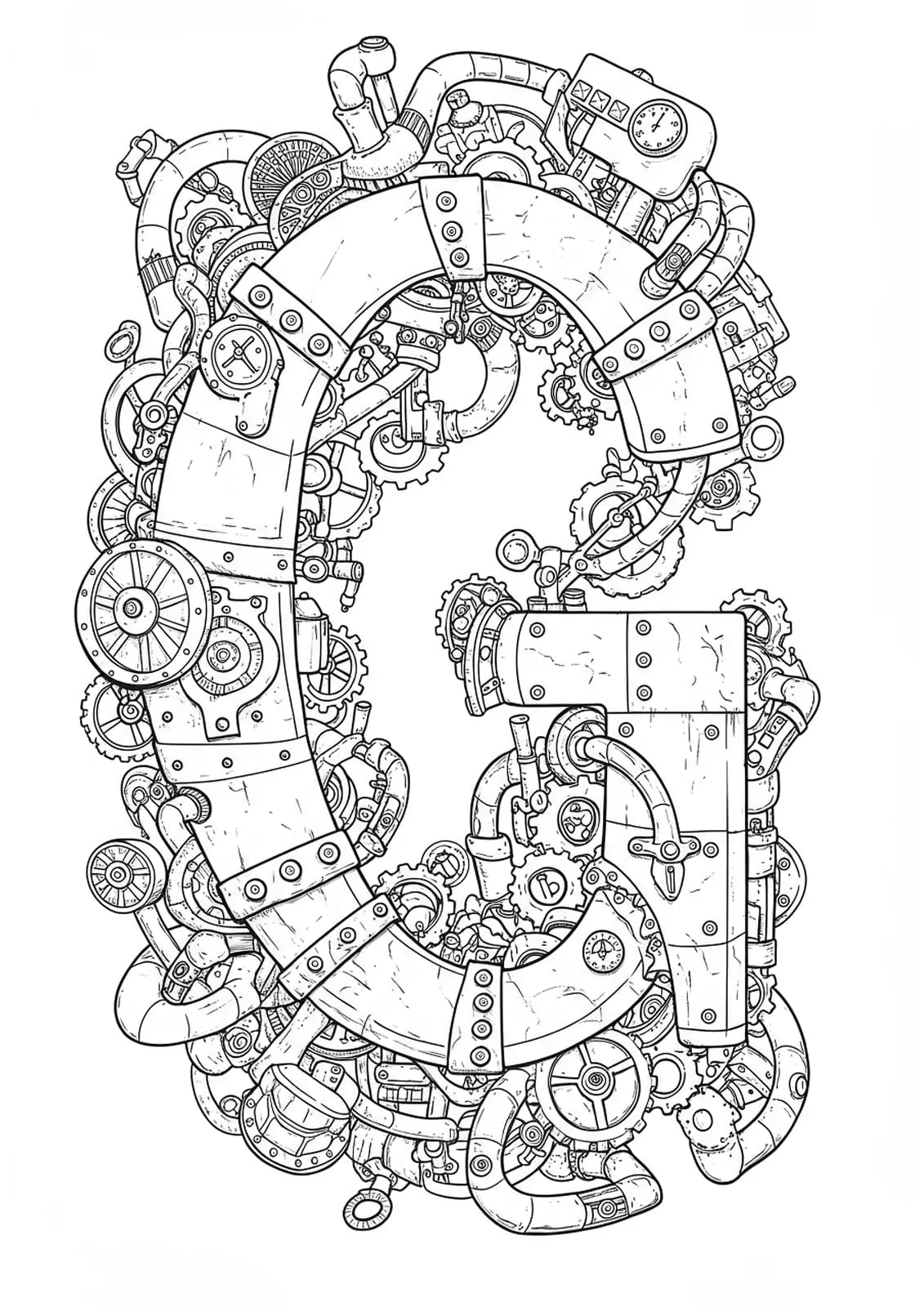 Letter G entwined with finely detailed steampunk gears, pipes, cogs, and mechanical elements.