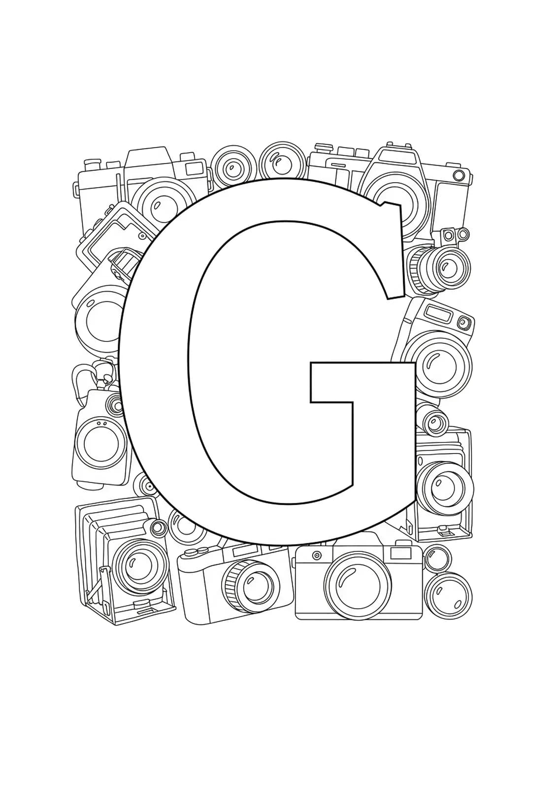 Easy coloring page of the letter G with vintage cameras for adults