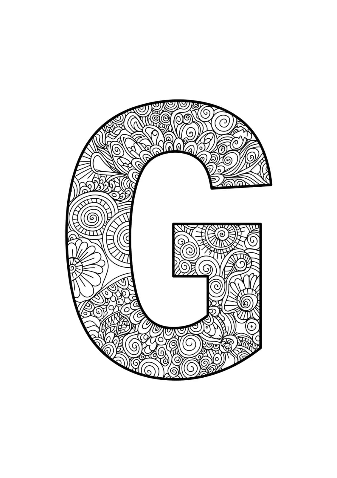 Easy zen doodle style coloring page of letter G for adults