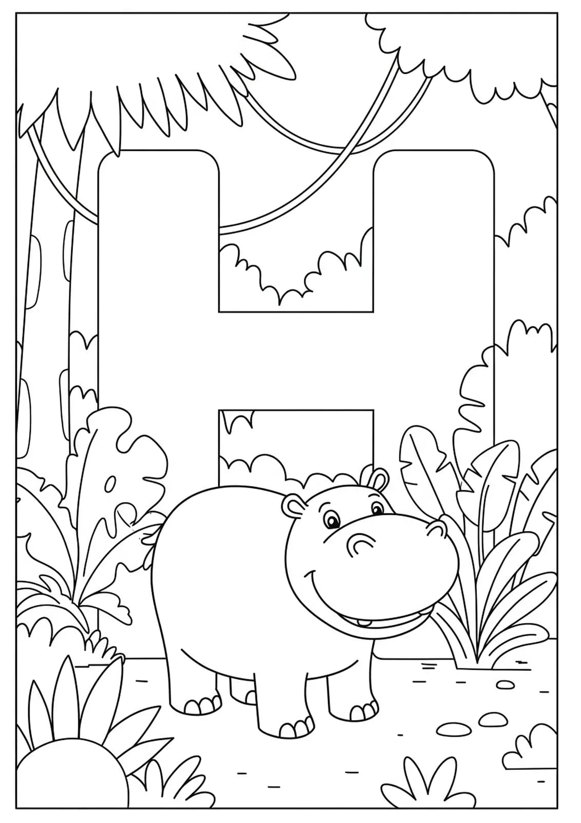 Coloring page of letter H with a happy hippo in a jungle setting for preschoolers.
