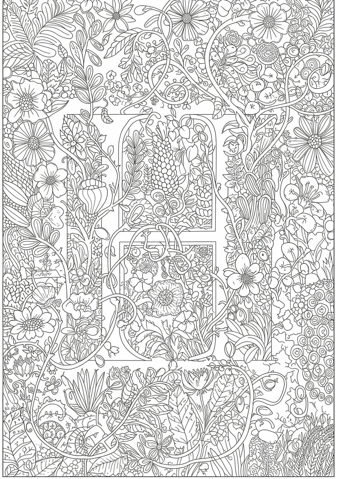 Intricate botanical labyrinth design with letter H, detailed vines, flowers, and garden elements