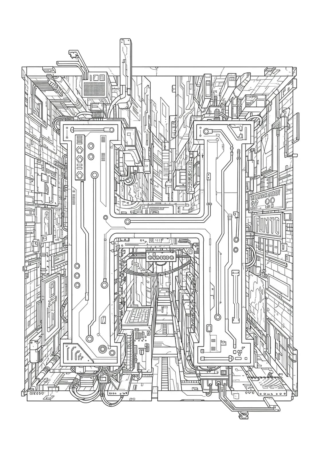 Cyberpunk-themed letter H surrounded by detailed futuristic cityscape, neon signs, and digital motifs