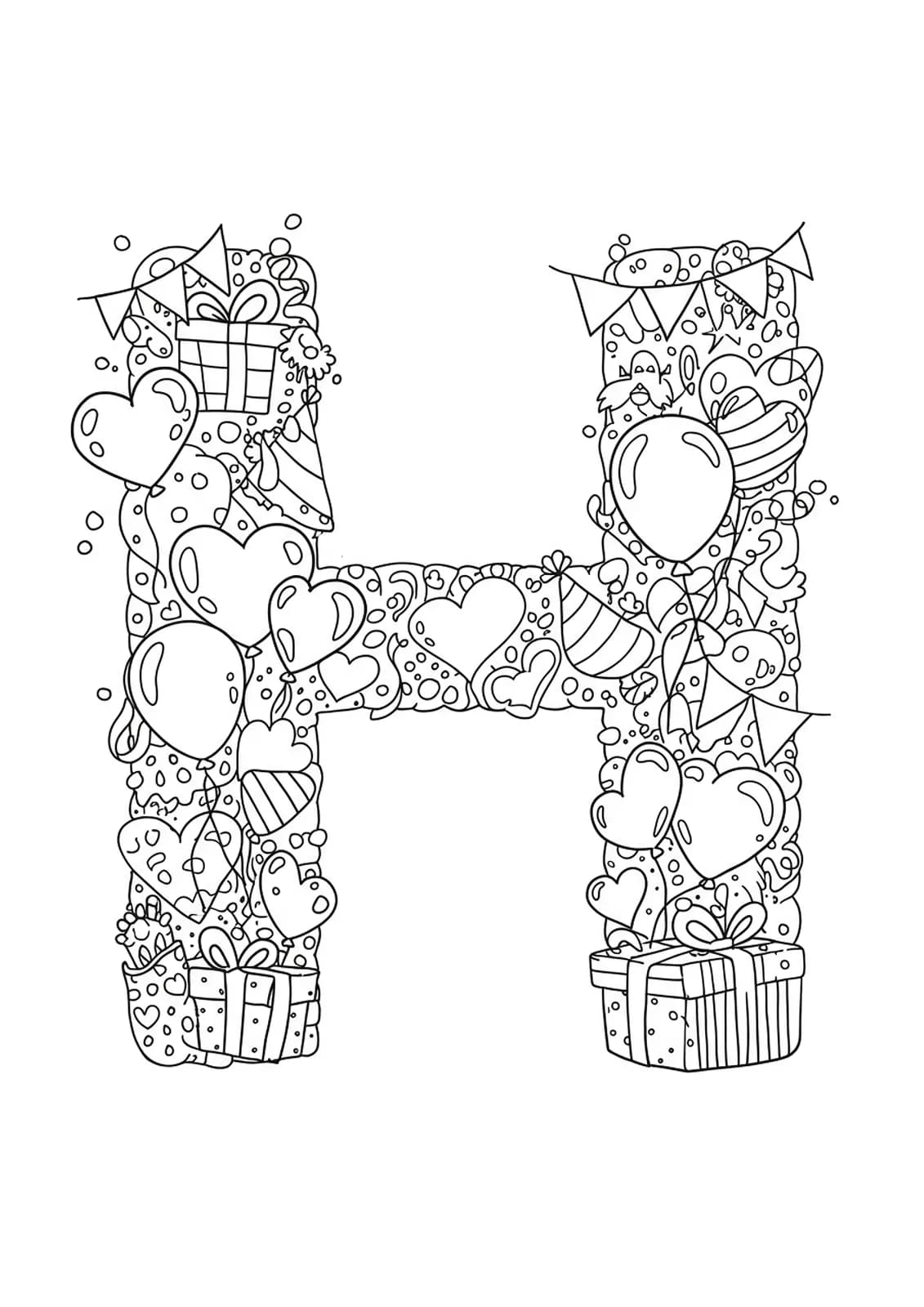 Black and white festive coloring page with the letter H, hearts, balloons, and confetti for preschoolers