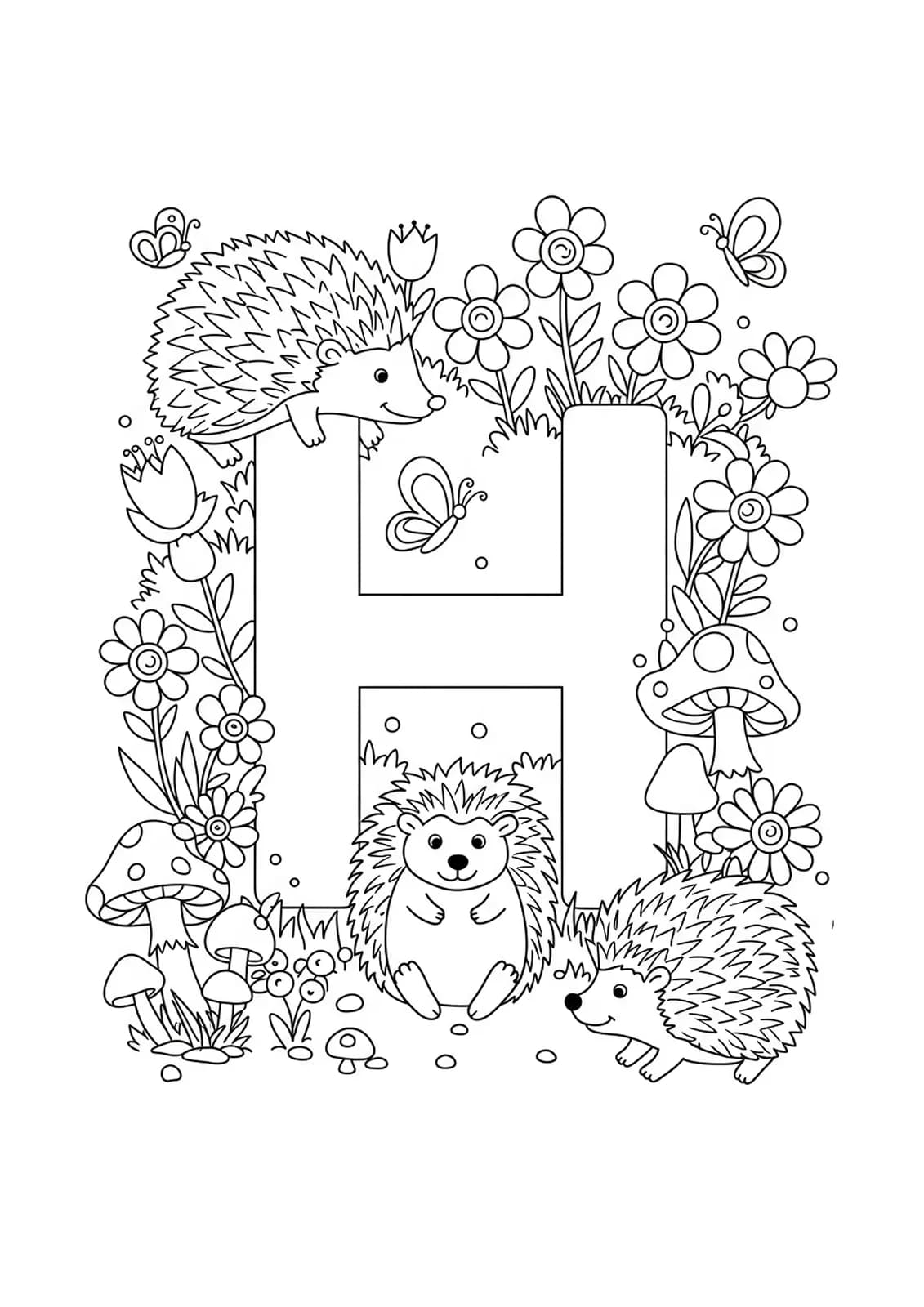 Intricate garden coloring page with the letter H and several happy hedgehogs, flowers, and butterflies for preschoolers