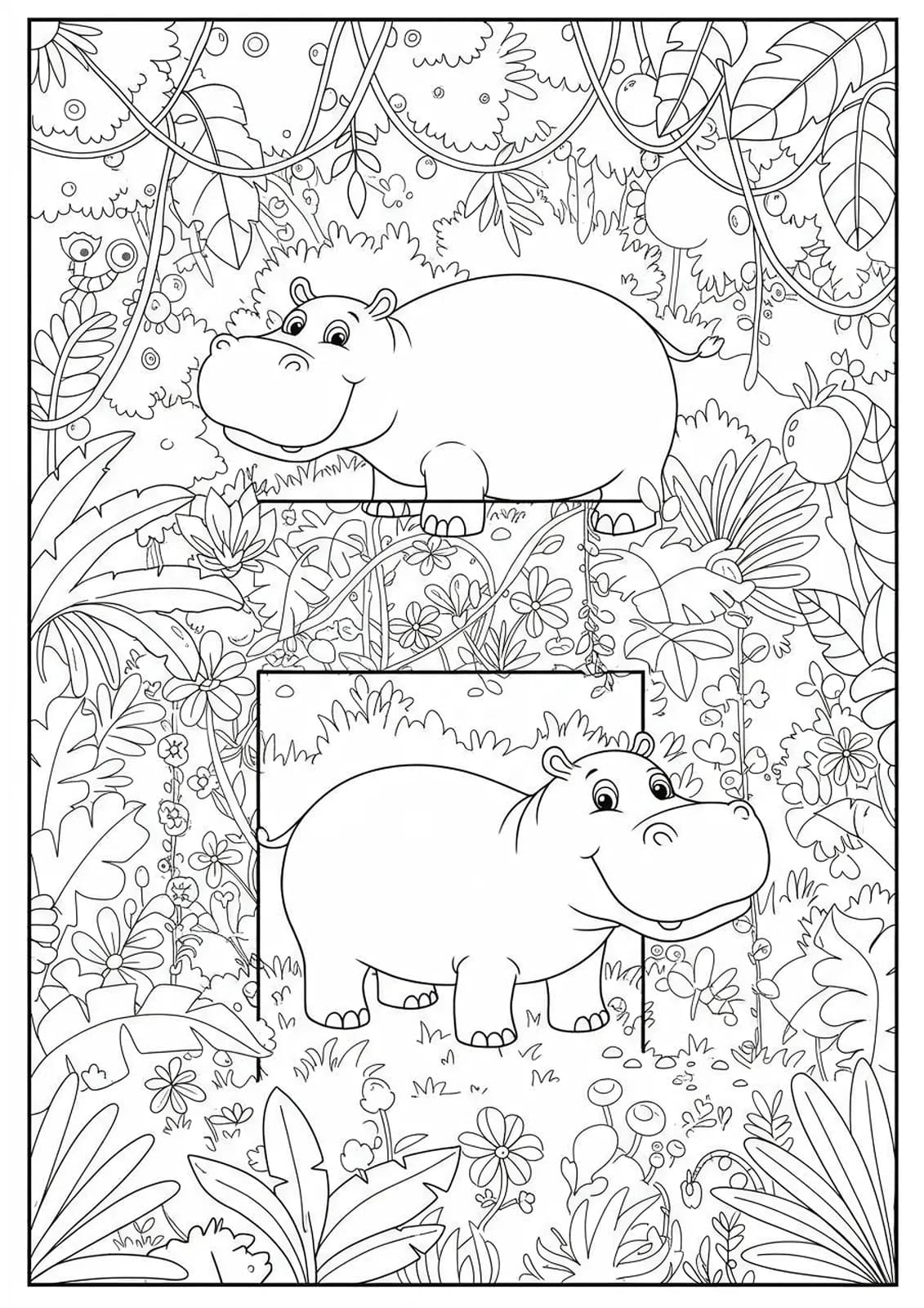 Black and white intricate coloring page of the letter H with multiple hippos playing in a detailed jungle setting for preschoolers