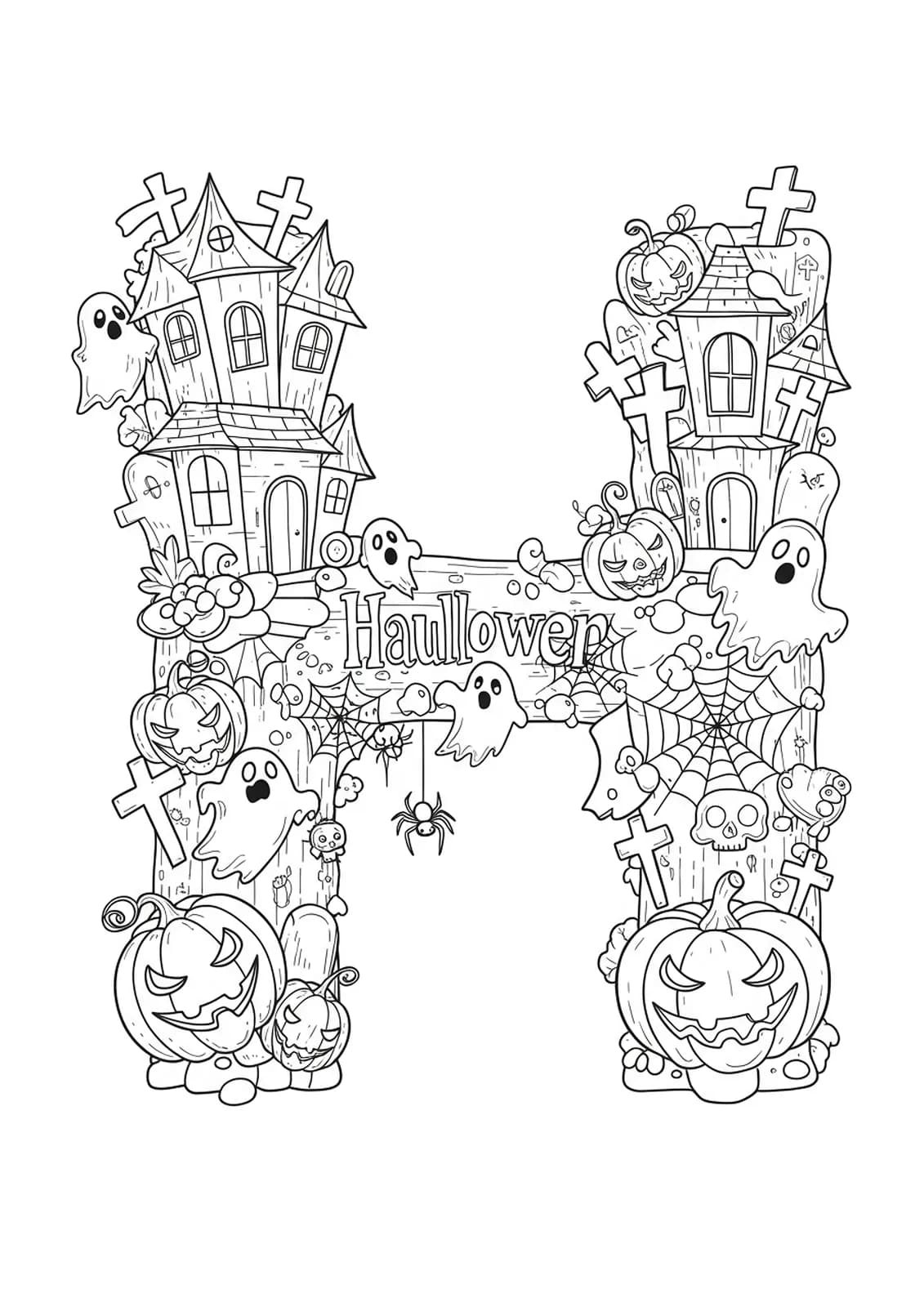 Detailed black and white coloring page of the letter H designed as a haunted house with Halloween decorations for preschoolers
