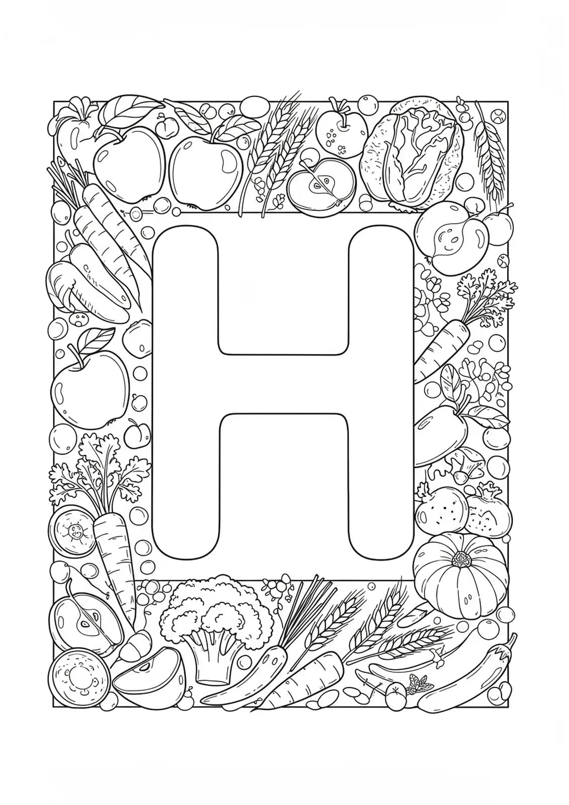 Detailed coloring page with the letter H surrounded by apples, carrots, broccoli, and grains.