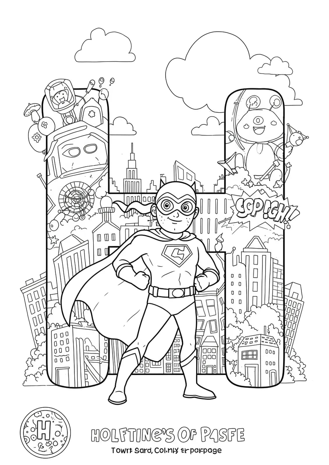 Intricate superhero-themed coloring page with the letter H, superhero character, cape, and city background for preschoolers