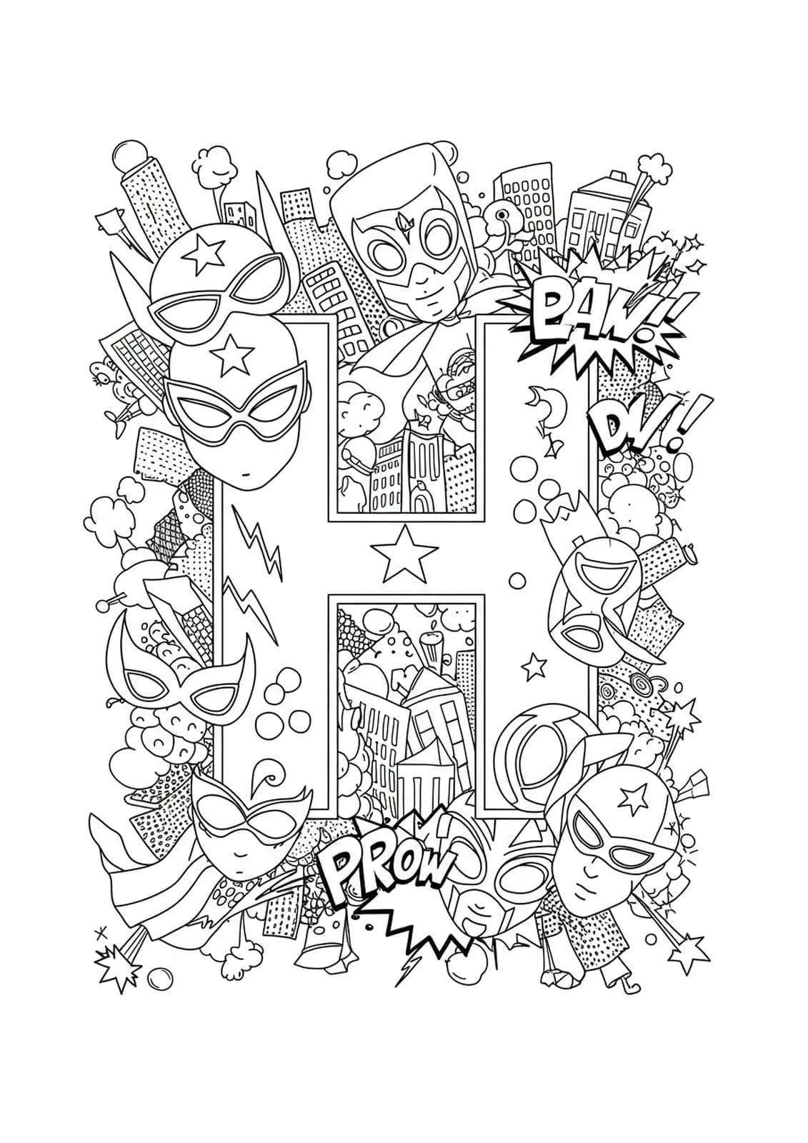 Coloring page with the letter H, superhero masks, capes, comic bursts, and buildings in complex patterns.