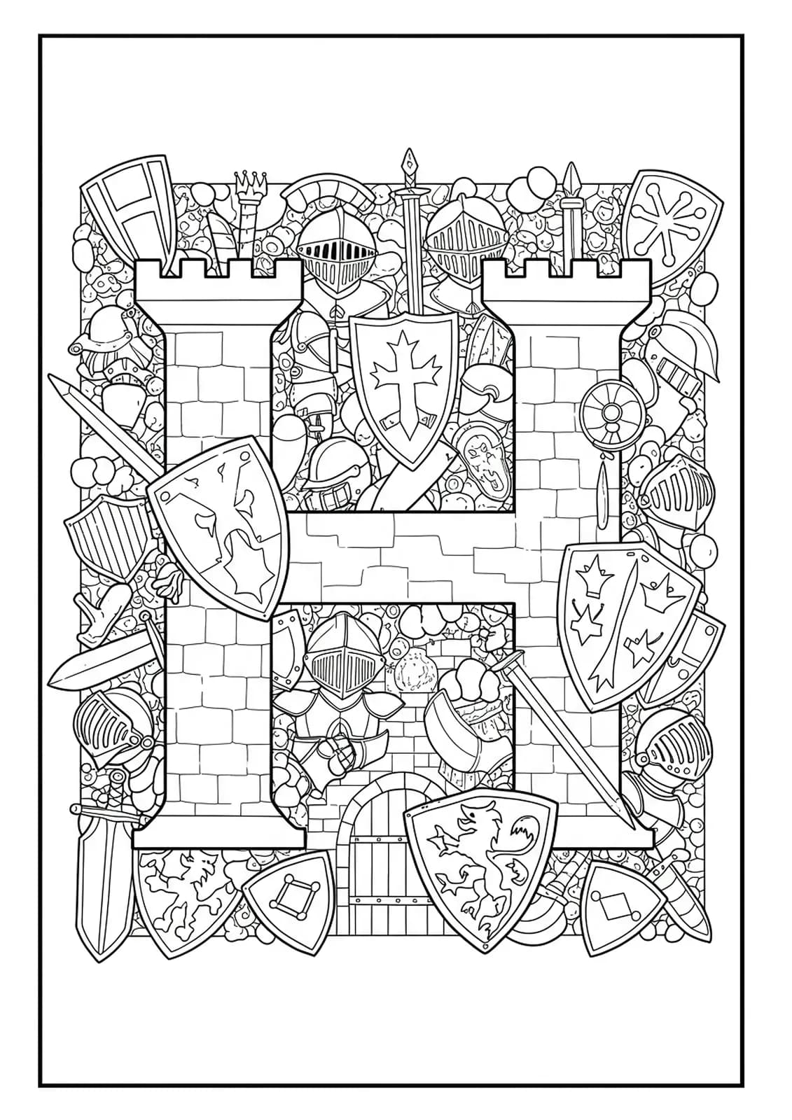 Coloring page with the letter H, surrounded by detailed castles, shields, helmets, and knight armor.