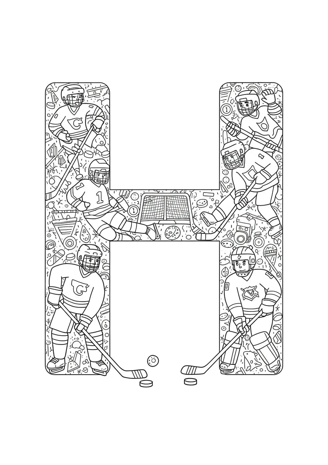 Black and white detailed coloring page of the letter H with hockey players, sticks, and pucks for preschoolers