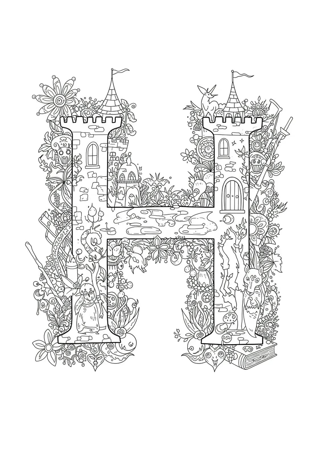 Intricate fantasy coloring page with the letter H, castles, spell books, wands, and magical animals.