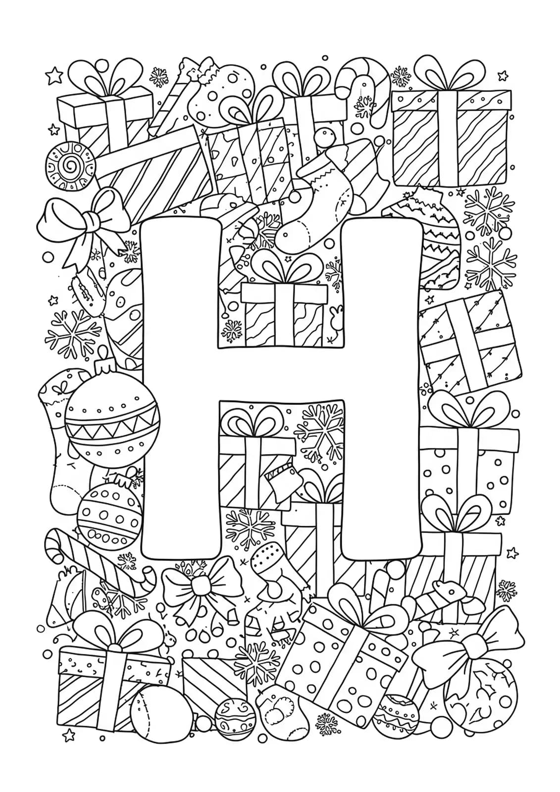 Intricate Christmas-themed coloring page with the letter H surrounded by detailed gift boxes, bows, and holiday motifs for preschoolers