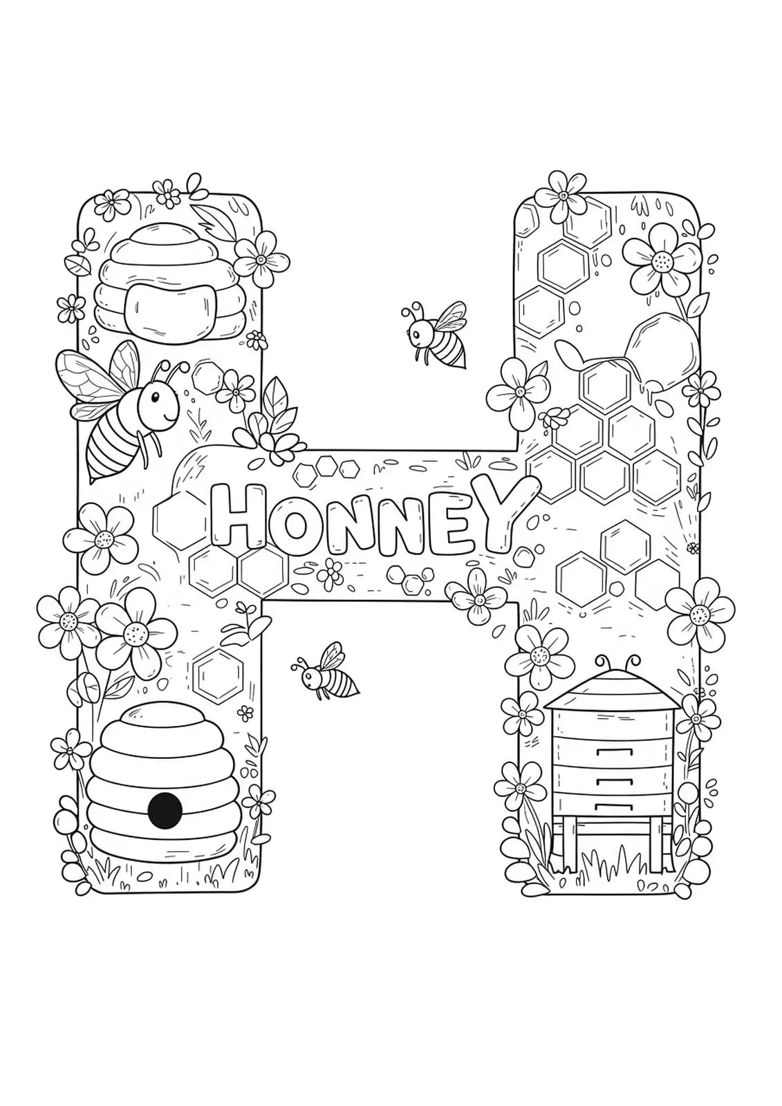 Black and white coloring page of the letter H surrounded by detailed honey bee hive, bees, and flowers for preschoolers