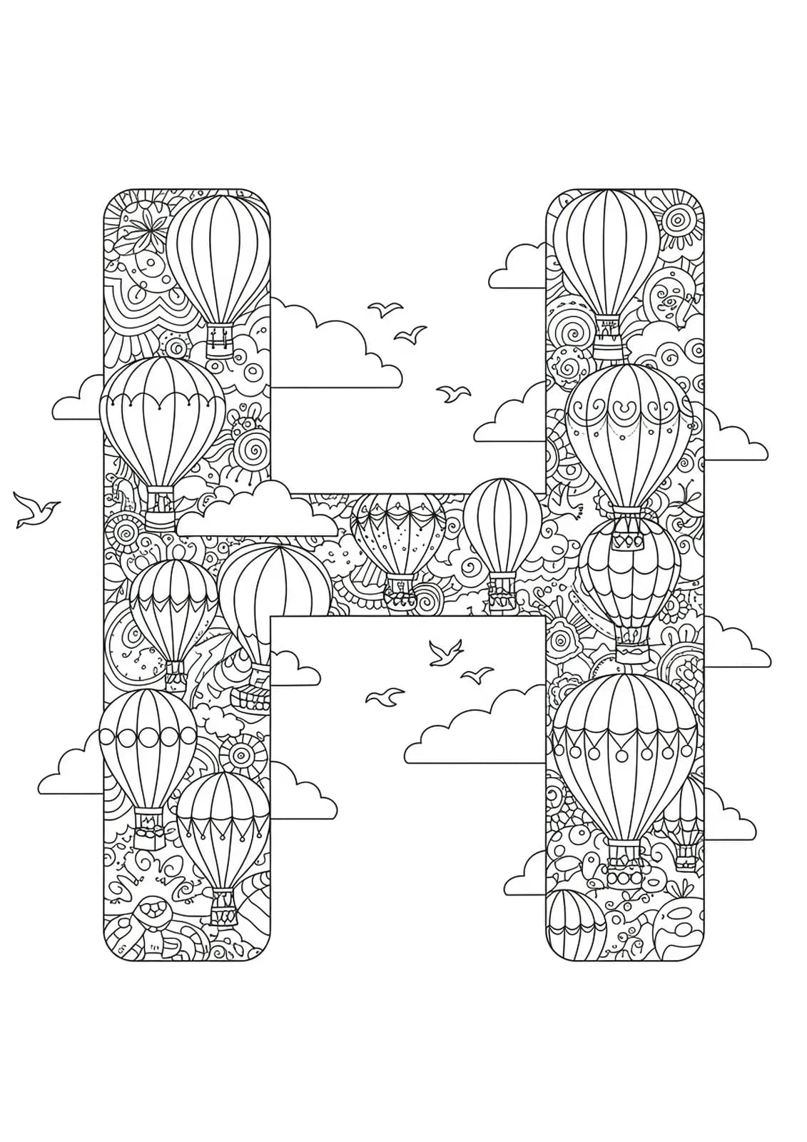 Detailed black and white coloring page of the letter H with hot air balloons and sky elements for preschoolers