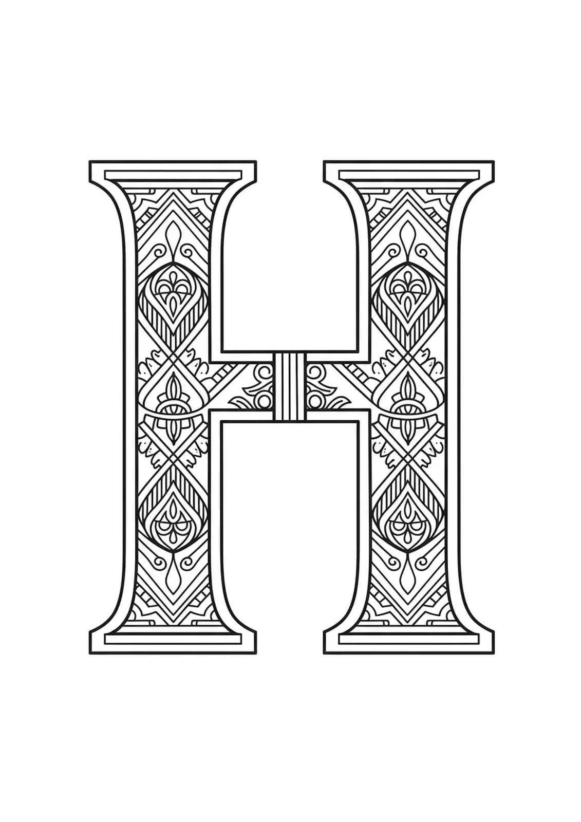 Letter H surrounded by detailed Art Deco geometric patterns and elegant motifs for adult coloring.